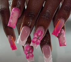 Pink Tropical Nails, Hot Pink Prom Nails, Bratz Inspired Nails, Bratz Nails, Nessa Nails, Length Nails, 3d Flower Nails, Mens Nails, Acrylic Nail Set