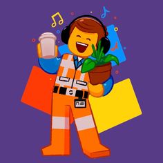 a cartoon character with headphones holding a potted plant and listening to the music