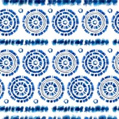 a blue and white tie dye pattern with circular designs on the side, all in different colors