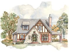 a watercolor painting of a house with trees and bushes