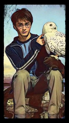 a painting of a man holding an owl on his lap while wearing glasses and a jacket