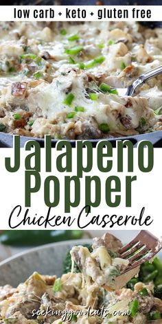 Pinterest pin with two images showing jalapeno popper casserole. One of the casserole still in the pan ready to be served and the second image is over the casserole served on a gray plate and a fork is taking a bite. A trail of melted cheese is showing. Chicken Casserole Keto, Jalapeno Popper Casserole, Jalapeno Popper Chicken Casserole, Popper Chicken Casserole, Popper Casserole, Keto Jalapeno, Casserole Keto, Chicken Poppers, Popper Chicken