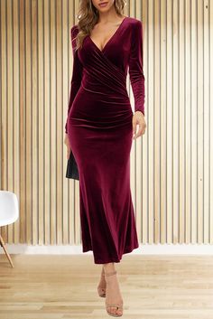 Evening Party Dress Winter, Couples Fashion, Plus Size Elegant Dresses, Fall Maxi, Fishtail Maxi Dress, Midi Dress Elegant, Velvet Sleeve, Velvet Wrap Dress, Velvet Dresses