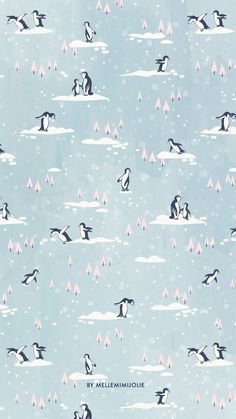 an image of penguins flying in the sky with trees and snow around them on a blue background