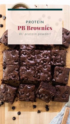 chocolate brownies on a cutting board with the words protein pb brownies written above them