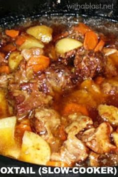 a close up of food in a pan on a stove top with the words oxtail slow cooker