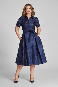 Metallic Jacquard Shirtdress with Floral Print | Teri Jon – Terijon.com Mother Of The Bride Shirt, Knee Length Dresses Formal, Tulle Cocktail Dress, Structured Dress, Teri Jon, Classic Shirt Dress, Jacquard Shirt, Occasion Dresses Wedding, Mob Dresses