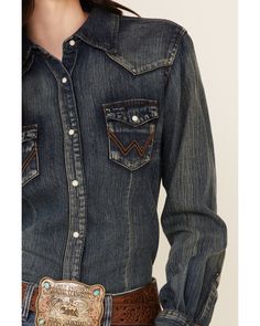 Wrangler Women's Long Sleeve Vintage Denim Shirt, Indigo Medium Wash Fitted Western Tops, Fitted Denim Tops For Ranch, Medium Wash Tops With Button Closure For Rodeo, Medium Wash Top With Button Closure For Rodeo, Western Style Denim Tops, Dark Wash Tops For Fall Rodeo, Dark Wash Button-up Tops For Rodeo, Classic Fitted Washed Tops, Fitted Button-up Top For Western-themed Events