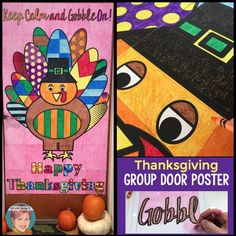 thanksgiving group door posters with turkeys and pumpkins on them for kids to draw