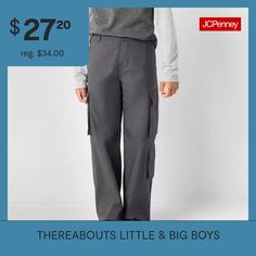 This pair of cargo pants from Thereabouts' little and big boy collection are designed for versatility so he can wear them casually with a t-shirt or paired with a button-down for a formal occasion. They are made from stretch-cotton poplin with a button-zip fly, a back elastic waist, utility-style pocketing, and straight legs. Front Style: Flat FrontFeatures: Stretch FabricClosure Type: Button & ZipperFit: Loose FitPockets: 2 Back Patch Pocket, 2 Cargo Side Pockets, 1 Cargo Side Pocket, 2 Front … Utility Style, Pants Cargo, Cargo Pant, Back Patch, Big Boy, Big Boys, Side Pocket, Cotton Poplin, Formal Occasion