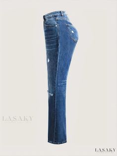 Lasaky - Womens Casual Denim Jeans: Blue Straight Jeans with Distressed Ripped Holes, Loose Fit and Slash Pockets Ripped Blue Flare Jeans For Fall, Blue Ripped Flare Jeans For Fall, Fitted Ripped Washed Blue Flare Jeans, Fitted Washed Blue Ripped Flare Jeans, Chic Ripped Denim Blue Flare Jeans, Summer Ripped Washed Blue Flare Jeans, Fitted Ripped Blue Flare Jeans, Distressed High Rise Blue Flare Jeans, Distressed High-rise Blue Flare Jeans