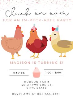 an image of a party flyer with chickens and cupcakes on the side,