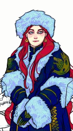 a drawing of a woman with red hair wearing a blue coat and white fur hat