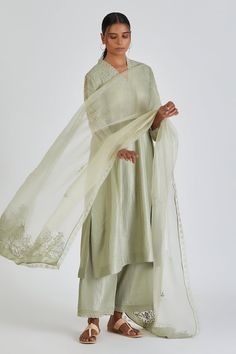 Mint green silk kurta featuring resham floral embroidery, sheer panels on sleeves and lace insert detail. Comes with matching pant. - Aza Fashions Elegant Pista Green Georgette Palazzo Set, Elegant Silk Palazzo Set With Floral Embroidery, Elegant Pista Green Sharara With Sheer Dupatta, Elegant Green Palazzo Set With Sheer Dupatta, Formal Green Salwar Kameez With Sheer Dupatta, Elegant Green Tissue Silk Anarkali Set, Elegant Green Palazzo Set With Traditional Drape, Elegant Semi-stitched Green Palazzo Set, Elegant Pista Green Palazzo Set With Sheer Dupatta