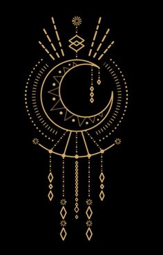 the moon and stars are drawn in gold on a black background, with beads hanging from it