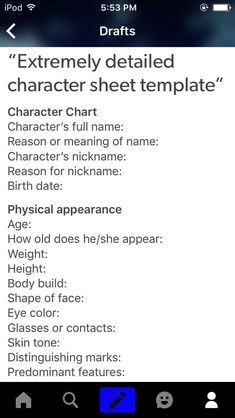 an iphone screen with the text'extremely detailed character sheet template '