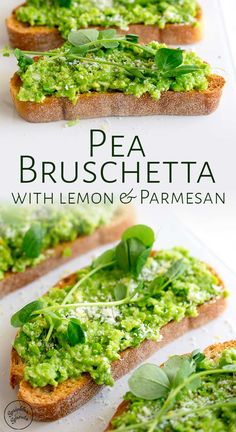 pea bruschetta with lemon and parmesan on toasted bread, topped with fresh basil