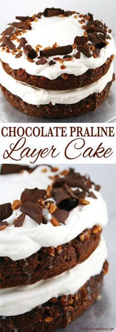 chocolate pralie layer cake with white frosting