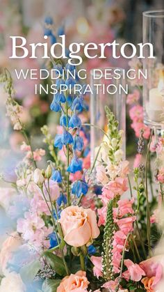 a book cover with flowers and candles on it's side, the title says bridgerton wedding design inspirationation