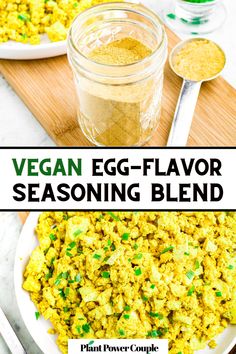 Overhead view of a clear glass jar of yellow spices blend in front of scrambled eggs with text reading vegan egg flavor seasoning blend Egg Seasoning, Vegetarian Eating, Vegan Staples, Tofu Recipes Easy, Egg Tofu, Vegan Egg, Breakfast Meals, Eggless Recipes