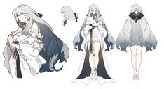 three different views of an anime character with long white hair