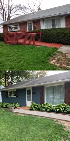 before and after photos of a front yard landscaping project