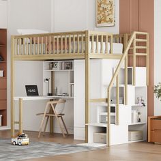 there is a loft bed with a desk underneath it and shelves below the bunk bed