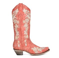 Stunning, bold, and gorgeous. This is the stunning pair of boots you were looking for. Our popular design of flower embroidery with its crystal studs is now in a faded coral color.This fabulous 13-inch shaft flower embroidery and crystals is just the boot you were looking for. Wear it with denim, or a dress, it is perfect for a day out with the girls, a festival, or date night.You can wear them all day without worrying about getting tired. It features; sturdy pull-on straps with its elegant snip Coral Boots, Boots With Tassels, Womens Western Boots, Coral Flower, Rugged Leather, Corral Boots, Western Boots Women, Cowgirl Style, Goodyear Welt