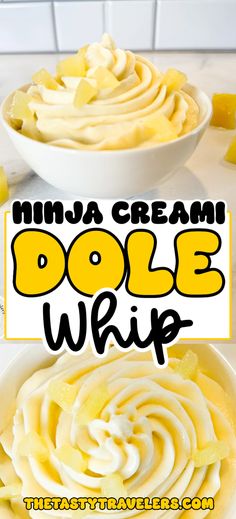 two bowls filled with whipped cream and the words, minia cream dolle whip