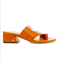 Brand New. Classic Tan Sandals With Leather Lining, Chic Slip-on Sandals With Heel Loop, Classic Tan Slip-on Sandals, Tan Leather Footbed Slip-on Sandals, Classic Slip-on Sandals Medium Width, Leather Sandals With Leather Lining For Spring, Spring Leather Sandals With Leather Lining, Spring Block Heel Sandals With Leather Footbed, Classic Almond Toe Sandals With Leather Lining