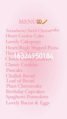 a menu for a bakery with different types of cakes and pastries on the side