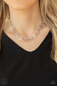 Embossed in a metallic crocodile-like print, asymmetrical silver links delicately connect around the neck for a wild industrial inspired look. Features an adjustable clasp closure. Paparazzi Jewelry Images, Paparazzi Accessories Jewelry, Silver Choker Necklace, Bling Necklace, Silver Choker, Paparazzi Accessories, Chic Jewelry, Paparazzi Jewelry, Short Necklace