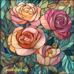 stained glass with roses and leaves on it