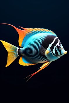 a blue and yellow fish on a black background