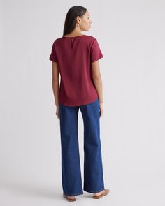 We love to luxe up an everyday look. This classic tee is made from washable silk, with a bit of stretch for the perfect fit. The crew neck and tulip hem gives it a little curvature for a more premium look. The washable silk makes this top super easy to care for. Plus, silk fiber contains 18 kinds of amino acids that make it amazing for skin nourishment, hypo-allergenic, and naturally thermoregulating to help maintain body temperature.  | Quince | Women's Washable Stretch Silk T-Shirt in Burgundy Magazine Spread, Silk Tee, Silk Fiber, Silk T Shirt, Silk Tank, Spring Summer 2023, Body Temperature, Mulberry Silk, Summer 2023