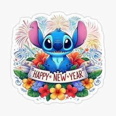 a sticker that says happy new year with an image of stitchy from the disney movie