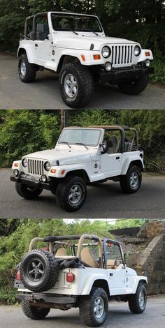 four different jeeps are shown side by side in three different pictures, one is white and the other is black