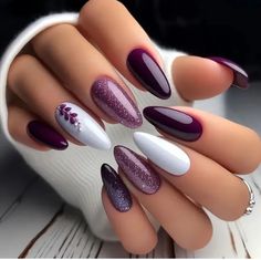 Makeup | 32 Deep Purple With Glitter And Floral Design Press On Nails | Poshmark Her Nails, Nail Forms, Fall Nail Art, Fancy Nails, Chic Nails, Purple Nails, Trendy Nails, Almond Nails