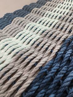 5 Stripe Lobster Rope Mat in the color pattern navy Blue, light gray seafoam light gray and navy blue Lobster Rope Basket, Modern Gothic Bedroom, Cleaning Shoes, Rope Mat, Rope Rug, Entryway Flooring, Entryway Bathroom, Rope Basket, Backyard Fun