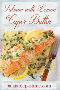 salmon with lemon caper butter on a plate