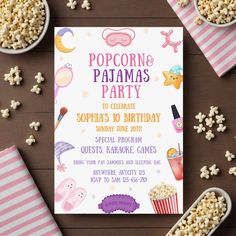 popcorn and pajama's birthday party is on the table