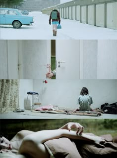 three different shots of a person laying on the ground and in front of a blue car