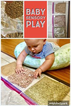 a baby is playing with some food on the floor