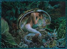 a painting of a woman sitting in a shell surrounded by plants