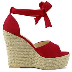 These wedges feature an ankle tie-up and an espadrille heel to add comfort and style to your everyday look. Easy to be paired with your favorite denim jeans, shorts, skirts, and your everyday casual wear! It is great for going out with friends or traveling with families. Wear these sandals and add sweet and casual appeal to you. Casual Heels With Red Sole For Spring, Summer Lace-up Heels With Red Sole, High Heel Wedge Sandals With Red Sole For Summer, Summer High Heel Wedge Sandals With Red Sole, Casual High Heel Wedge Sandals With Adjustable Strap, Summer Wedge Sandals With Red Sole And Round Toe, Casual Adjustable Wedge Heels, Adjustable Casual Heels For Beach Season, Summer Wedge Heels With Red Sole