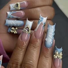 Blue And White Nail Inspo | 3D Nail Art Nail Inspo 3d, Blue And White Nail, White Nail Inspo, Blue And White Nails, Colored Acrylic, Gel Nail Design, White Nail