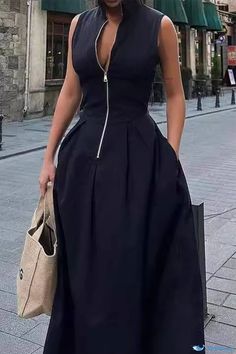 Venus Pisces, Zipper Neck, Classy Dresses, Dresses With Pockets, Sleeveless Outfit, Sleeveless Dresses, Mini Robes, Weave Style, Sleeveless Maxi Dress