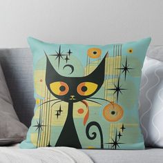 a black cat with orange eyes and stars on it's face throw pillow by artful