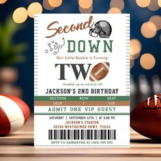 a football themed birthday party ticket for two with a ball and lights in the background