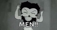 an animated image of a woman with the words men on it's chest and hands up